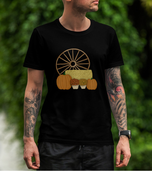 Autumn Pumpkin Hay Bale Wagon Wheel Scene T-Shirt