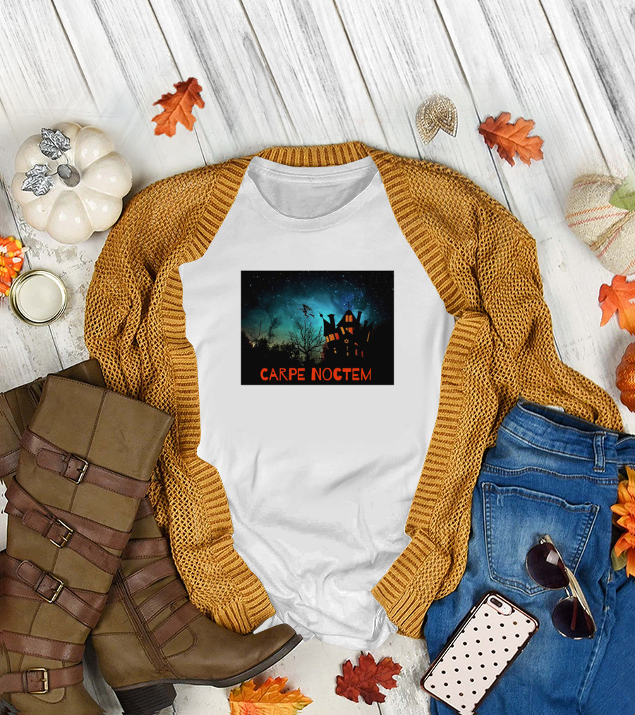 Halloween Fun Carpe Noctem Seize the Night Haunted House Silhouette with Witch Flying T-Shirt