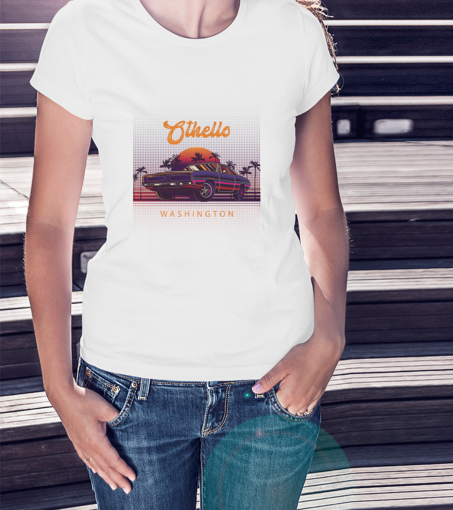 Woman with hands in pockets wearing Othello Washington Vintage Retro Muscle Car Sunset T-Shirt.