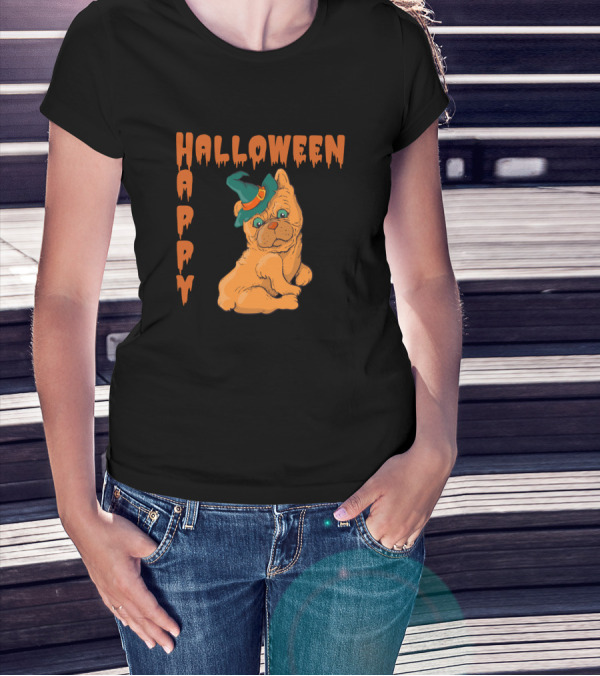 Halloween Happy Puppy Dog In Witch Hat T-Shirt