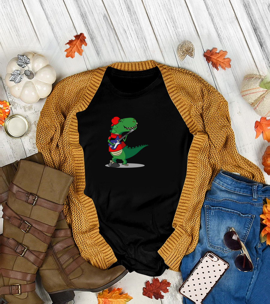 Dino Playing Guitar Learn Something New Everyday T-Shirt