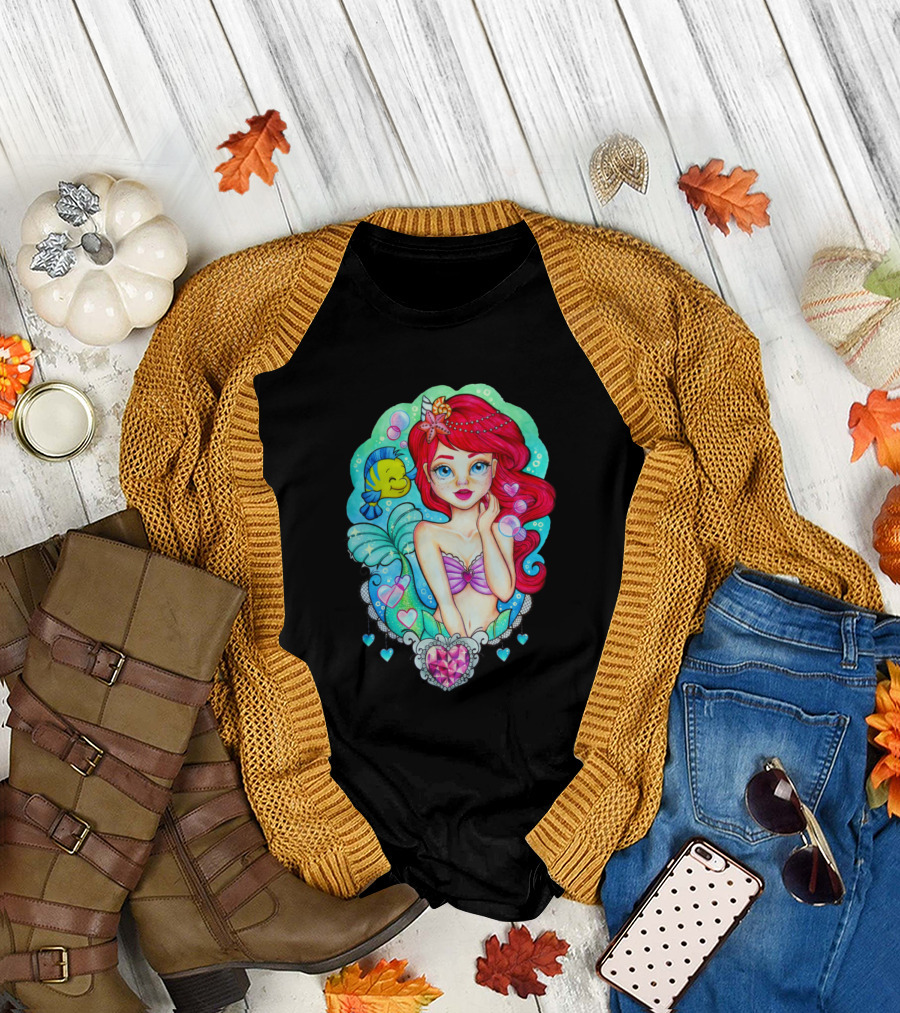 The Little Mermaid Ariel and Flounder with Hearts and Bubbles T-Shirt