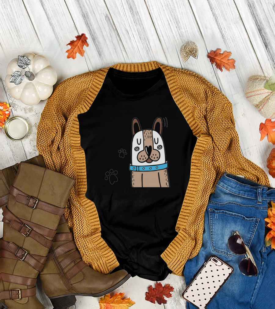 Adopt Don't Shop Cute Cartoon Dog with Paw Prints T-Shirt