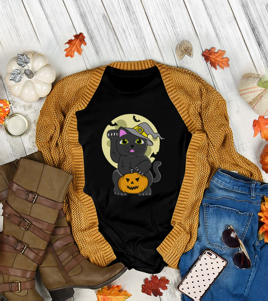 Cats Halloween Black Cat With Pumpkin Witch Hat Moon Bats Funny Cat T-Shirt