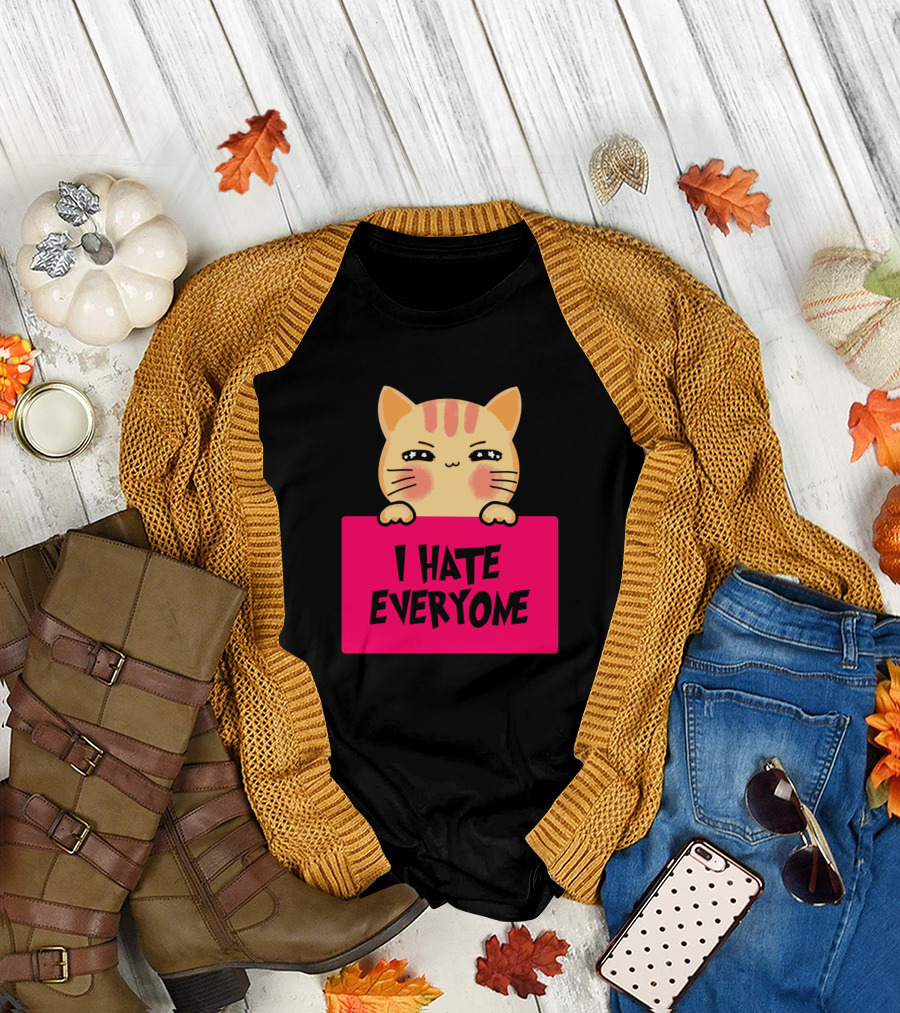 I Hate Everyone Cat Holding Pink Sign T-Shirt