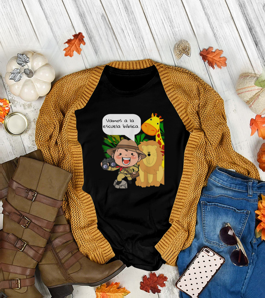 Vamos a la Escuela Bíblica Misionero Explorador con Jirafa y León T-Shirt