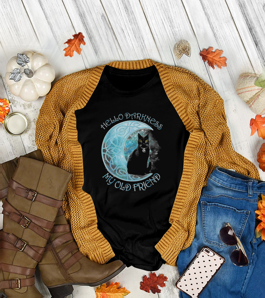 Hello Darkness My Old Friend Funny Cat Moon T-Shirt