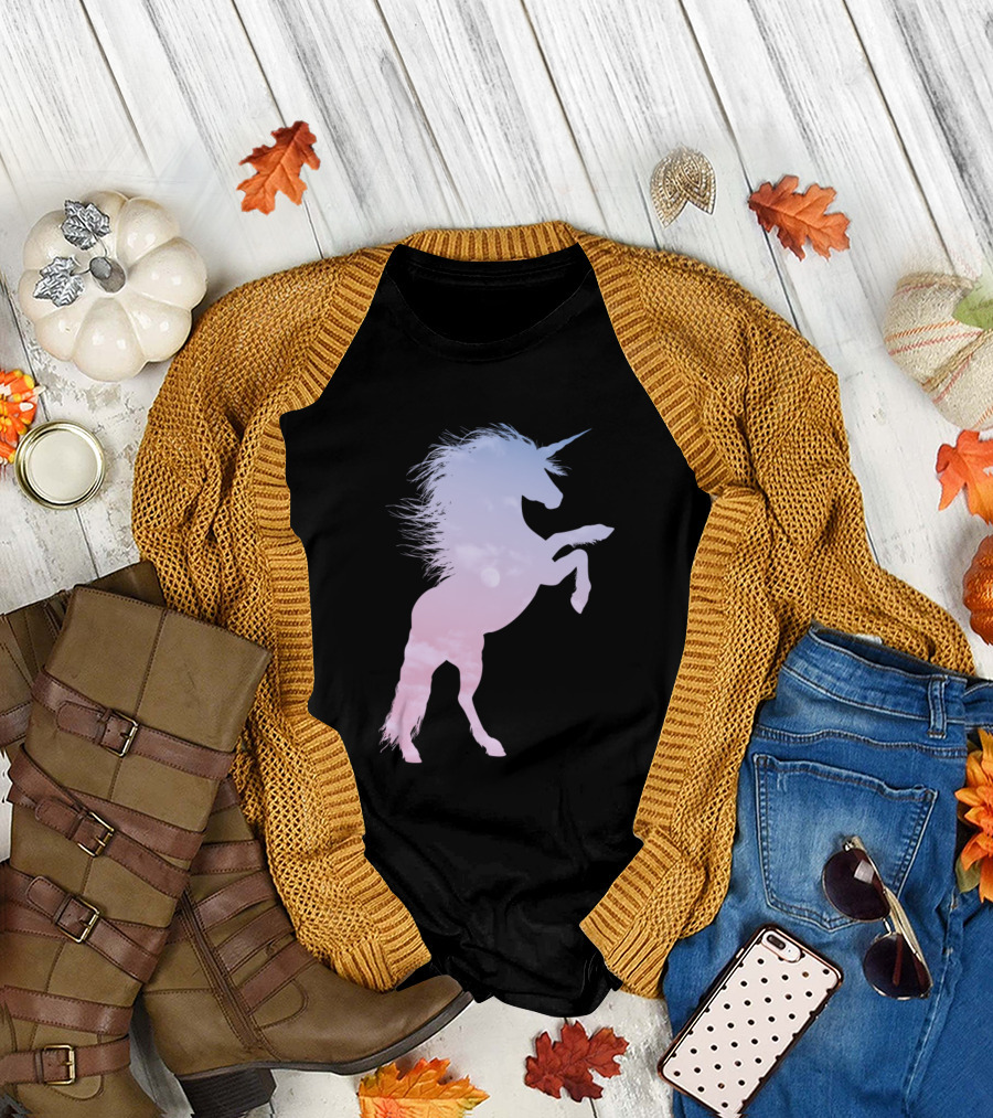 Sunset Gradient Sky Unicorn Silhouette with Pastel Color Scheme T-Shirt