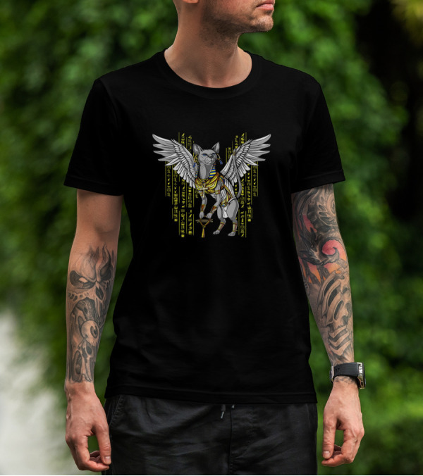 Bastet Egyptian Cat Goddess With Ankh And Hieroglyphs T-Shirt