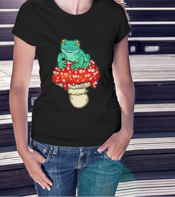 Cute Frog Perched Atop Vibrant Red And White Spotted Mushroom T-Shirt