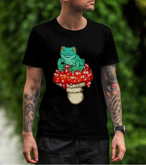 Cute Frog Perched Atop Vibrant Red And White Spotted Mushroom T-Shirt