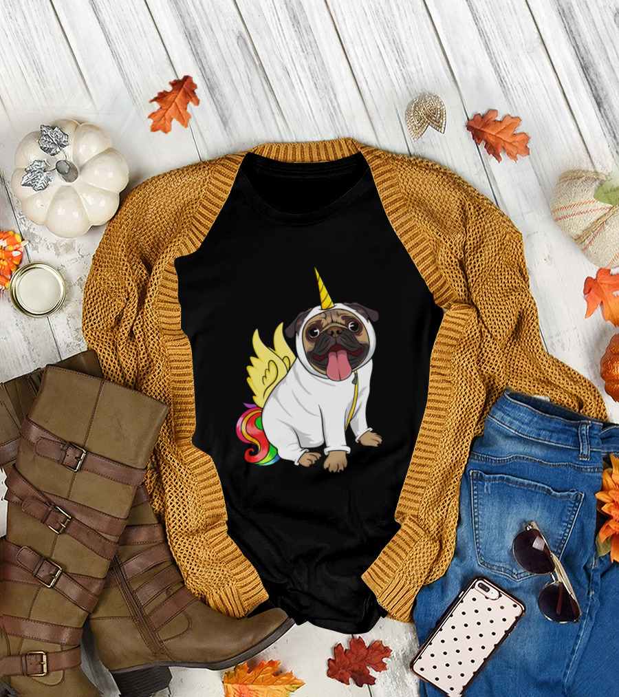 Funny Unicorn Pug Rainbow Costume T-Shirt