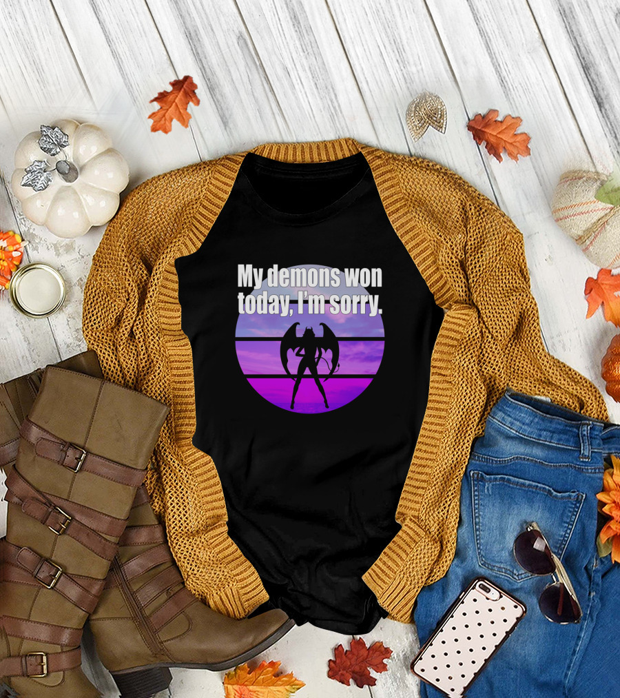 My Demons Won Today I'm Sorry Winged Silhouette Against Pink and Purple Sunset T-Shirt