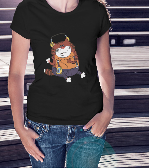 Cartoon Cat With Headphones And Orange T-Shirt