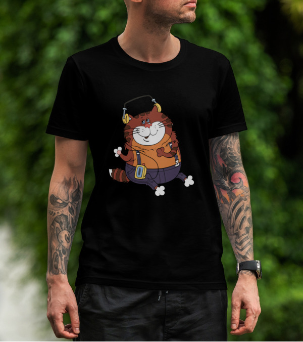 Cartoon Cat With Headphones And Orange T-Shirt