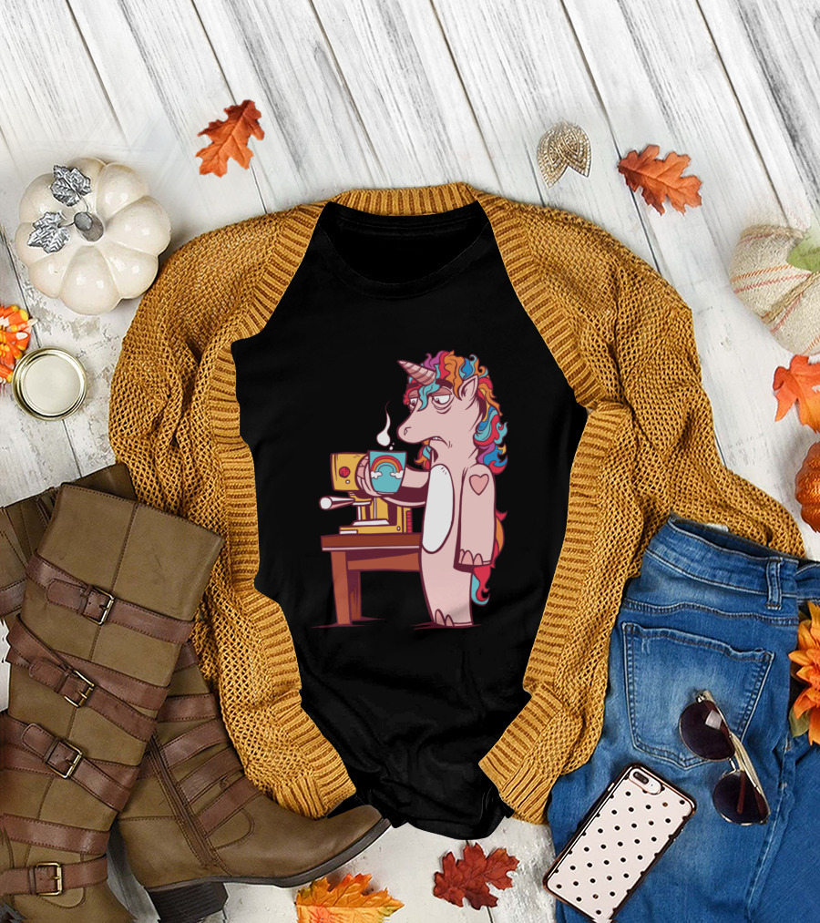 Tired Unicorn Holding Coffee Cup by Espresso Machine T-Shirt