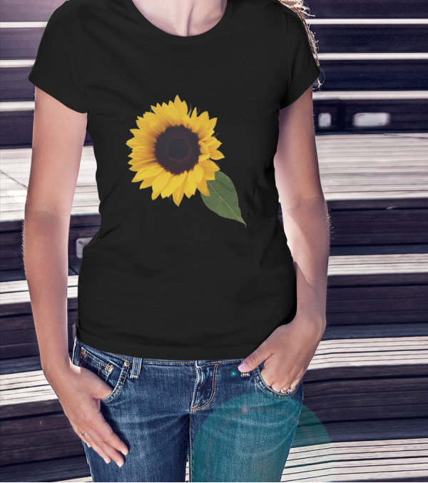 Yellow Sunflower Blossom With Green Leaf T-Shirt