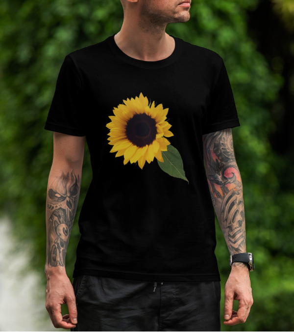 Yellow Sunflower Blossom With Green Leaf T-Shirt