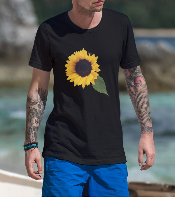 Yellow Sunflower Blossom With Green Leaf T-Shirt