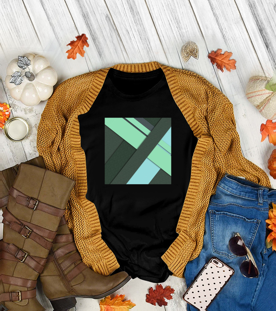 Material Geometric Overlapping Stripes in Green and Cyan Squares T-Shirt