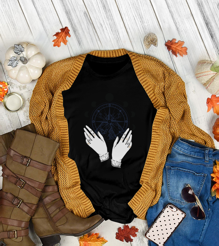 Moon Phases and Hand Symbolism Watercolor Boho Aesthetic T-Shirt