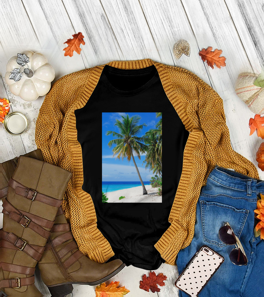 Palm Tree By Tropical Beach Ocean Shore Blue Sky T-Shirt