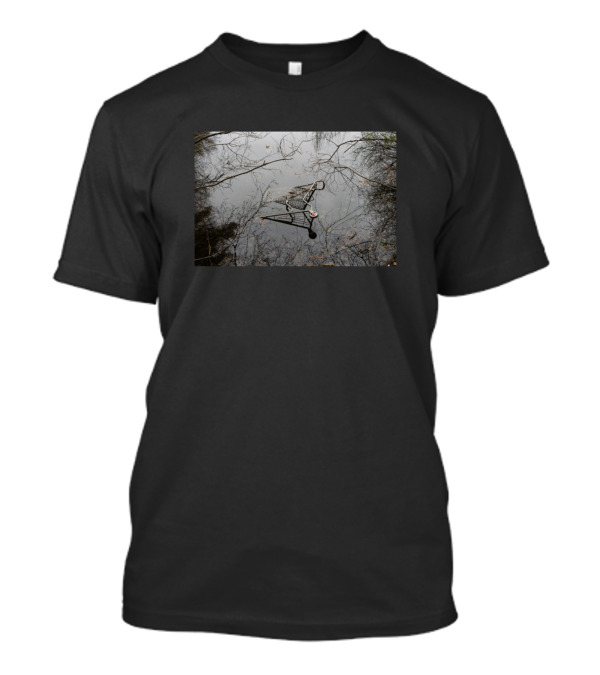 Reflective Shopping Cart Submerged In Tranquil Pond Scene T-Shirt