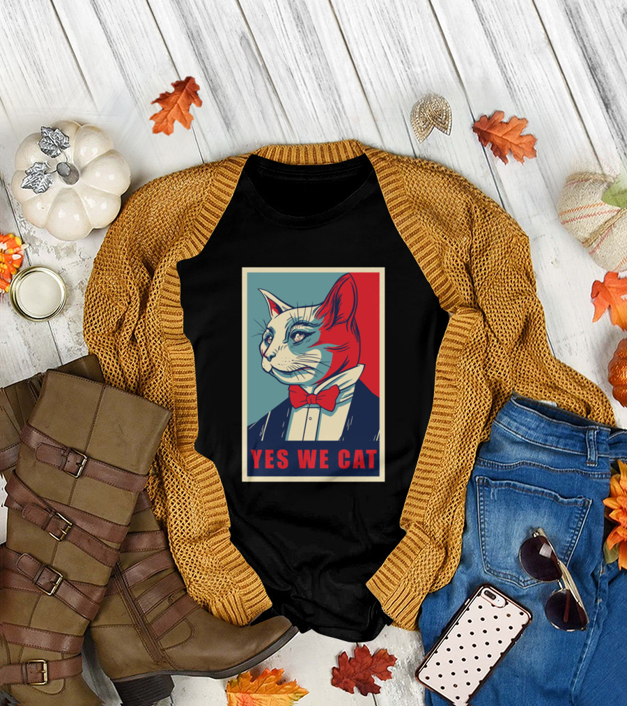 Yes We Cat Funny Kitty Poster Parody with Red Bow Tie T-Shirt