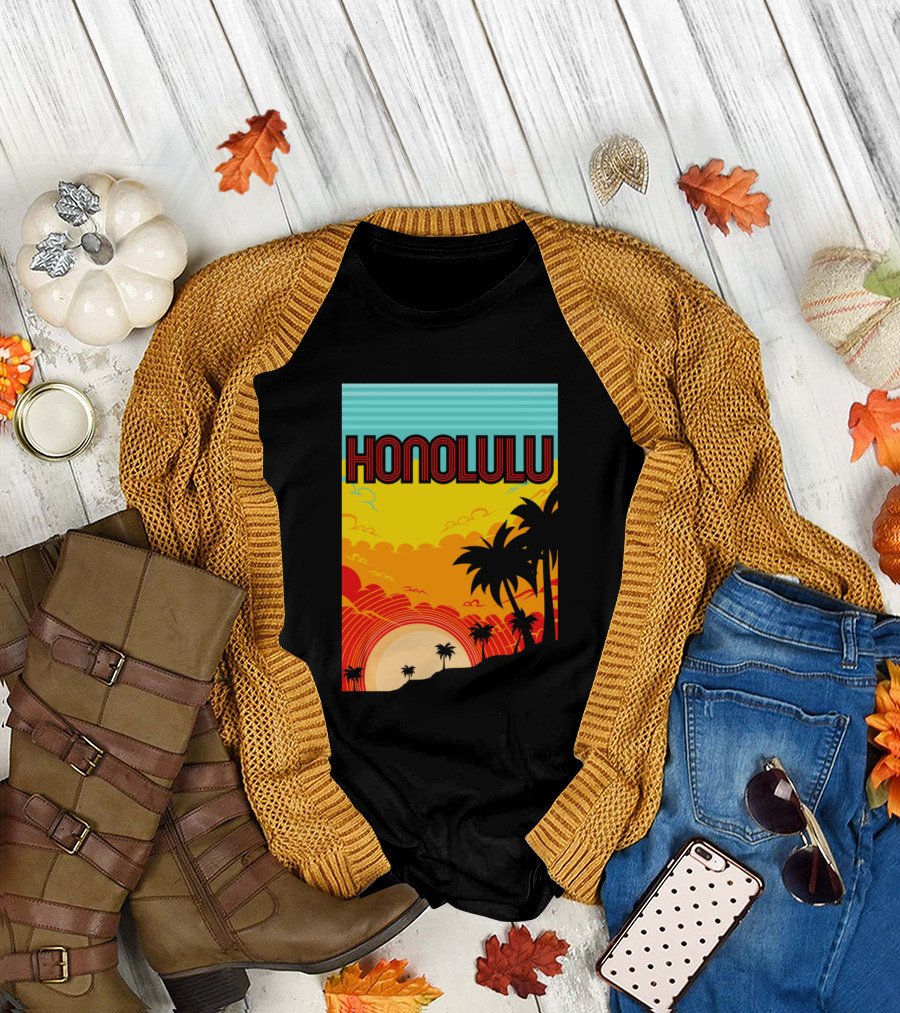 HONOLULU Sunset Tropical Palm Silhouette Scenic Landscape T-Shirt