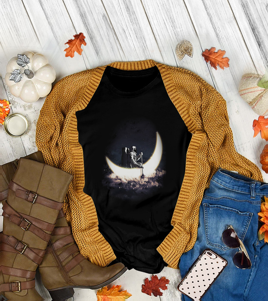 Astronaut Rowing Across Lunar Crescent on Cosmic Clouds T-Shirt