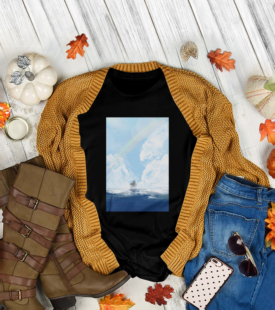 Ocean Broad Surface Scenic Voyage Under Cloudy Skies with Rainbow T-Shirt