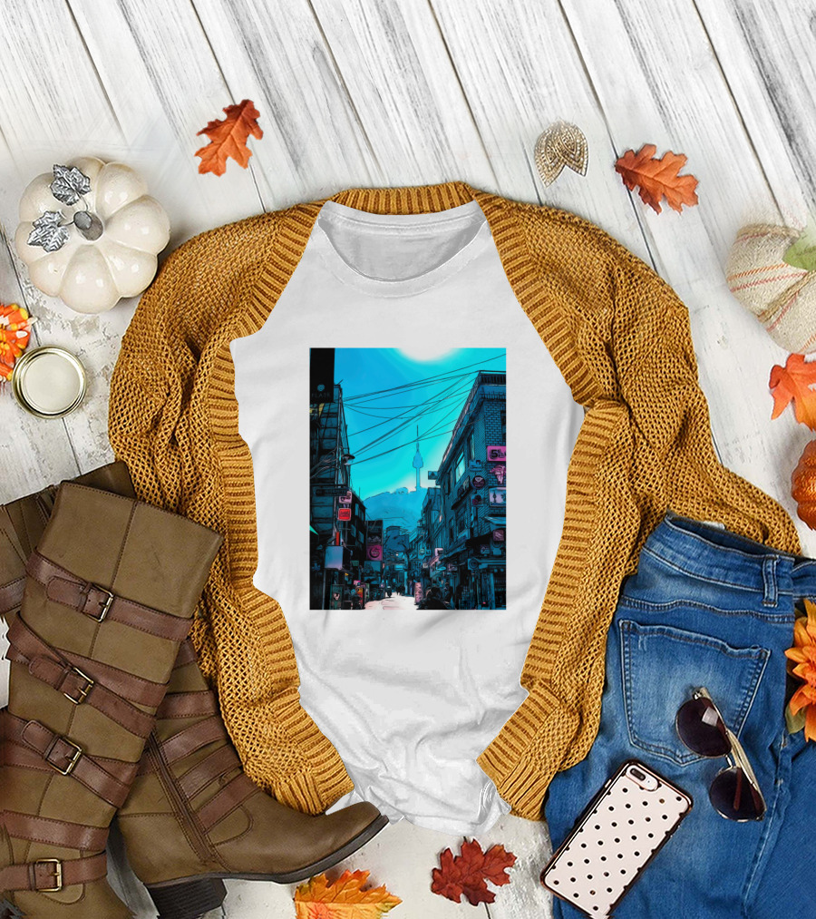 Osaka Urban Street Scene with Tower in Background T-Shirt