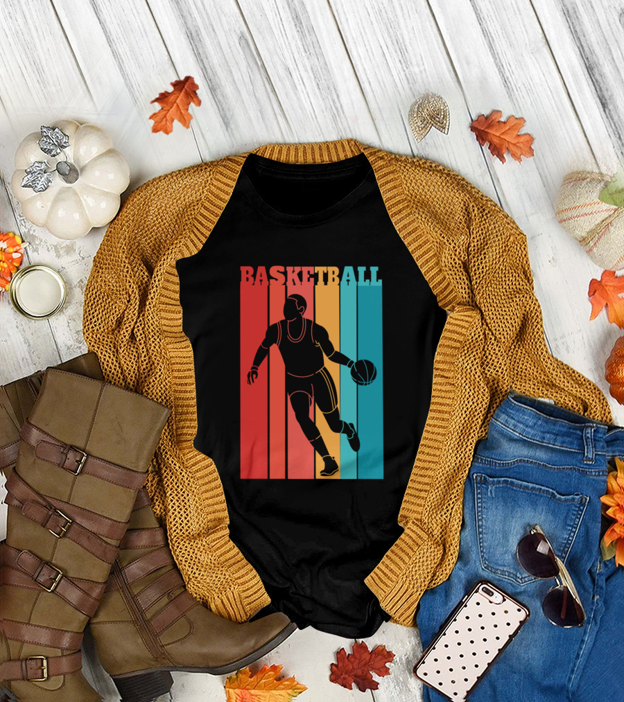 Basketball Retro Silhouette Vintage Stripes T-Shirt