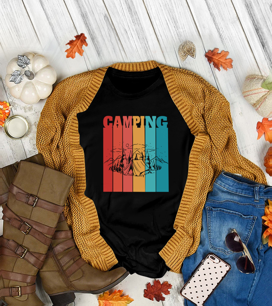 Camping Retro Mountain Tent Scene with Forest Stripes T-Shirt