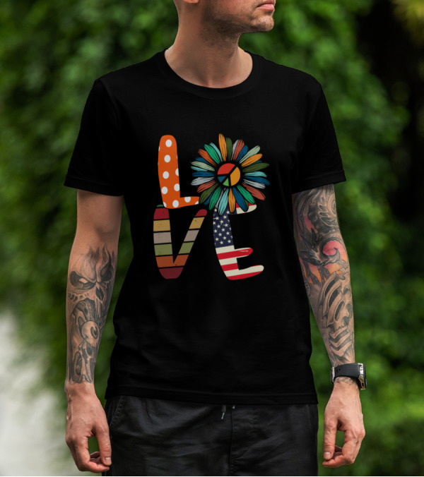 LOVE ER Nurse American Flag Peace Flower Vibrant Letters T-Shirt