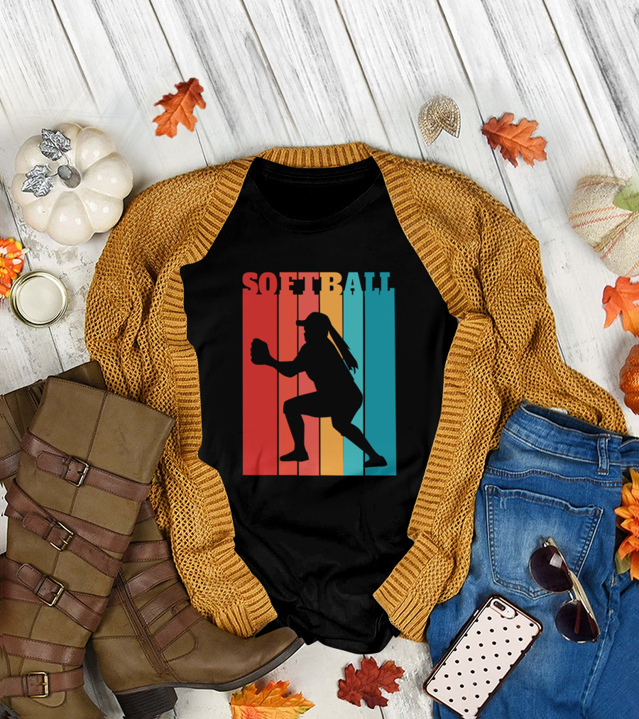 Softball Catcher Retro Silhouette Stripes T-Shirt