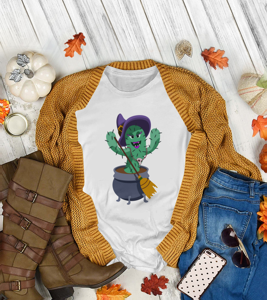 Wicked Cactus Witch in Cauldron with Broomstick T-Shirt