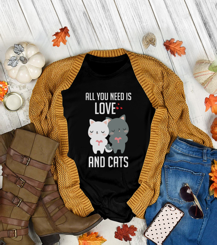 ALL YOU NEED IS LOVE AND CATS WITH ADORABLE HEART-HOLDING KITTENS T-Shirt