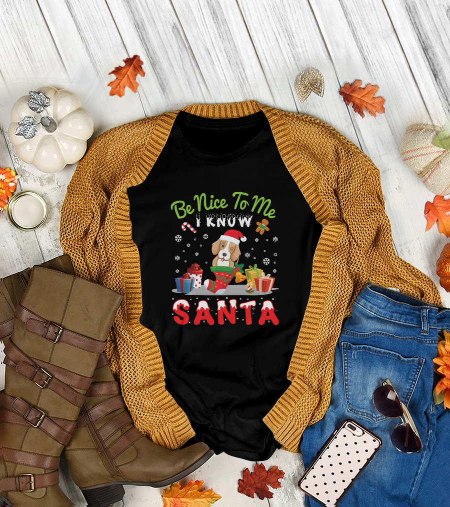 Be Nice To Me I Know Santa American Foxhound Dog with Gifts and Santa Hat T-Shirt