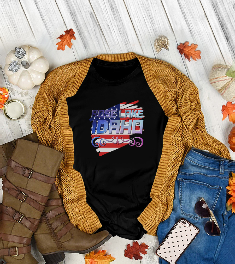Fall flat lay featuring Rose Lake Idaho American Flag T-Shirt with cardigan.
