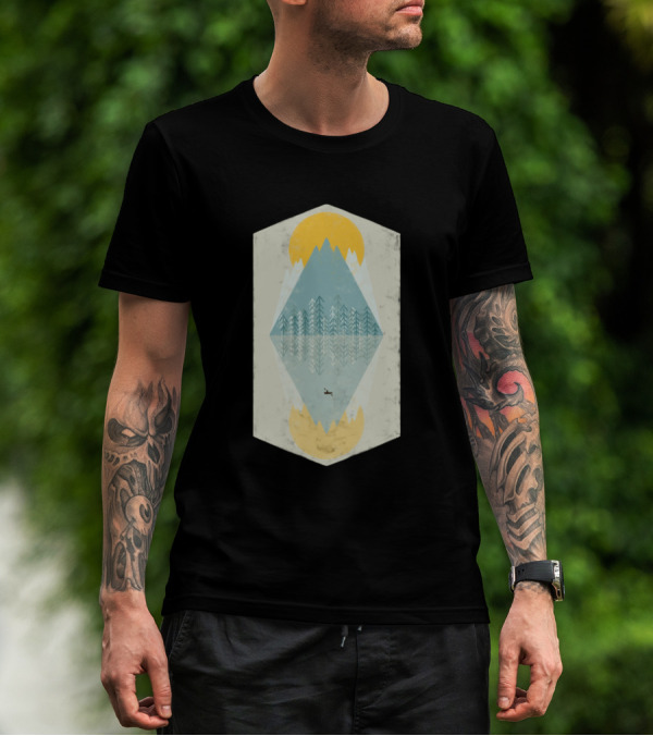 Sillience Lake Mountain Reflection Sun And Canoe T-Shirt