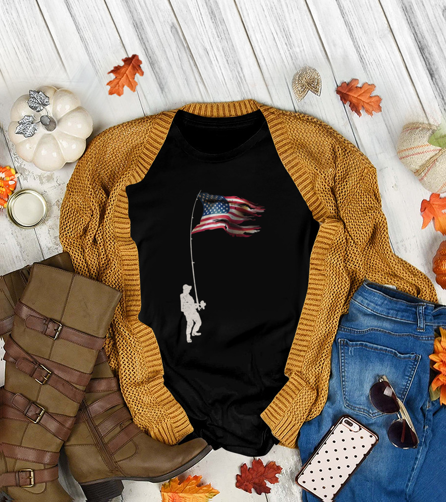 Vintage Fishing Rod American Flag Humor Fisherman's Pride T-Shirt