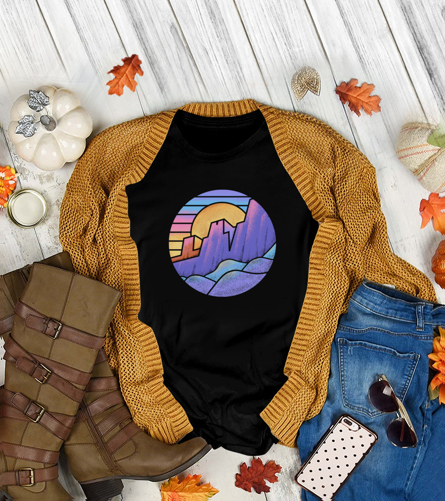 Blocky Mountains Vibrant Geometric Sunrise Horizon T-Shirt
