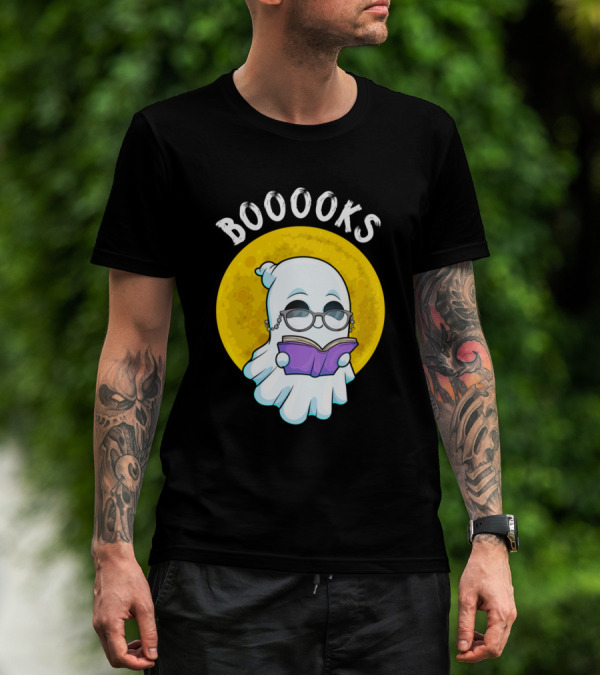 BOOOOKS Moon Ghost Reading Halloween Bookworm T-Shirt