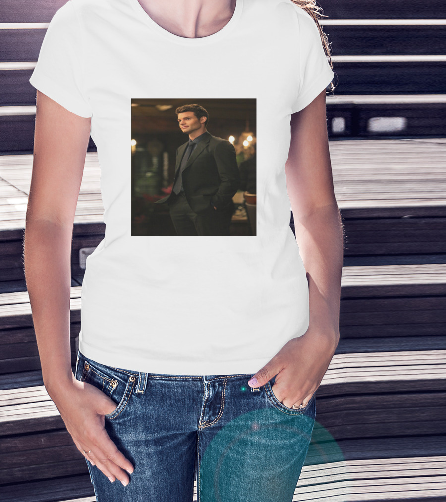 Woman with hands in pockets wearing Elijah Mikaelson Vampire Diaries Suit Gentleman Scene T-Shirt.