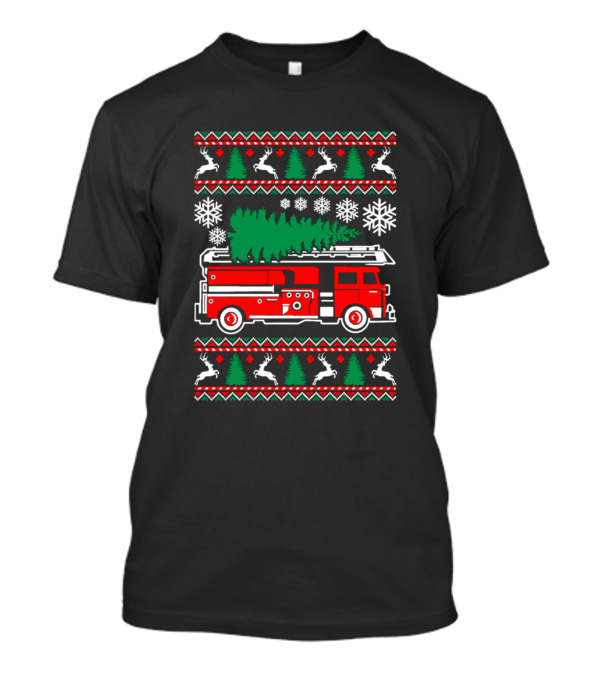 Firefighter Christmas Fire Truck With Tree Ugly T-Shirt