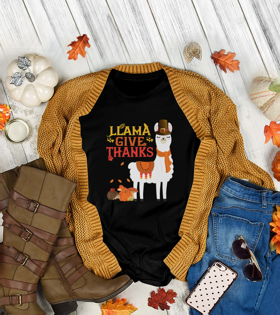 Llama Give Thanks Funny Llama Pilgrim Autumn Animals T-Shirt