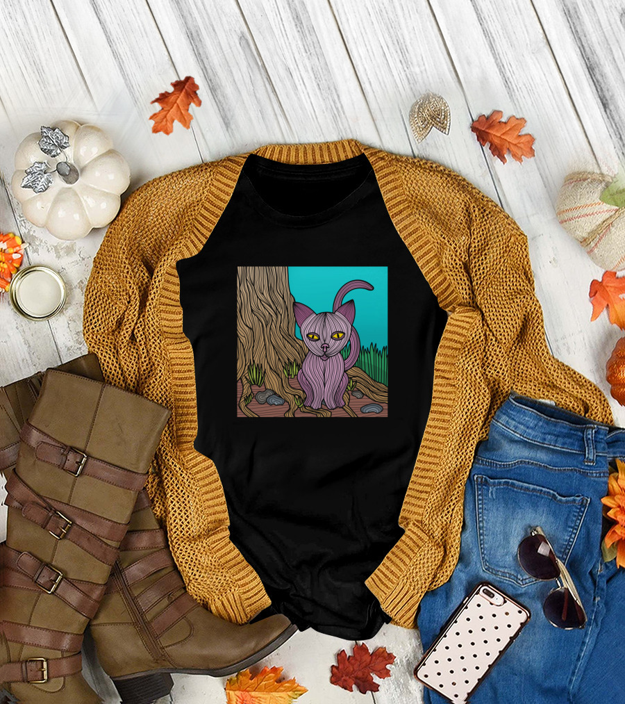 Pretty Kitty by the Tree with Pink Fur and Yellow Eyes T-Shirt