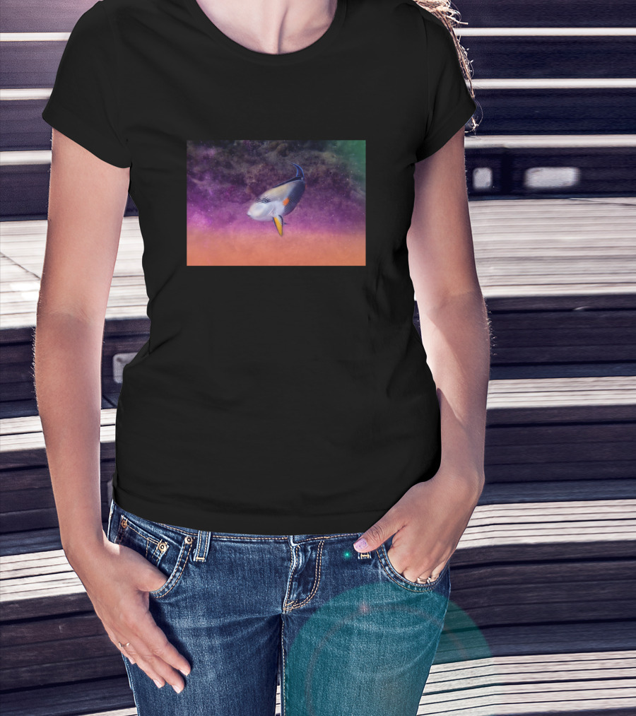 Woman with hands in pockets wearing Red Sea Sohal Surgeonfish Galaxy Background T-Shirt.