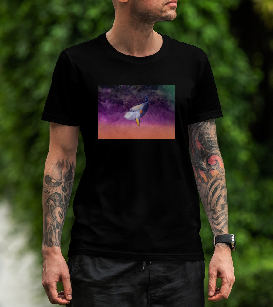 Man with tattoos models Red Sea Sohal Surgeonfish Galaxy Background T-Shirt outdoors.